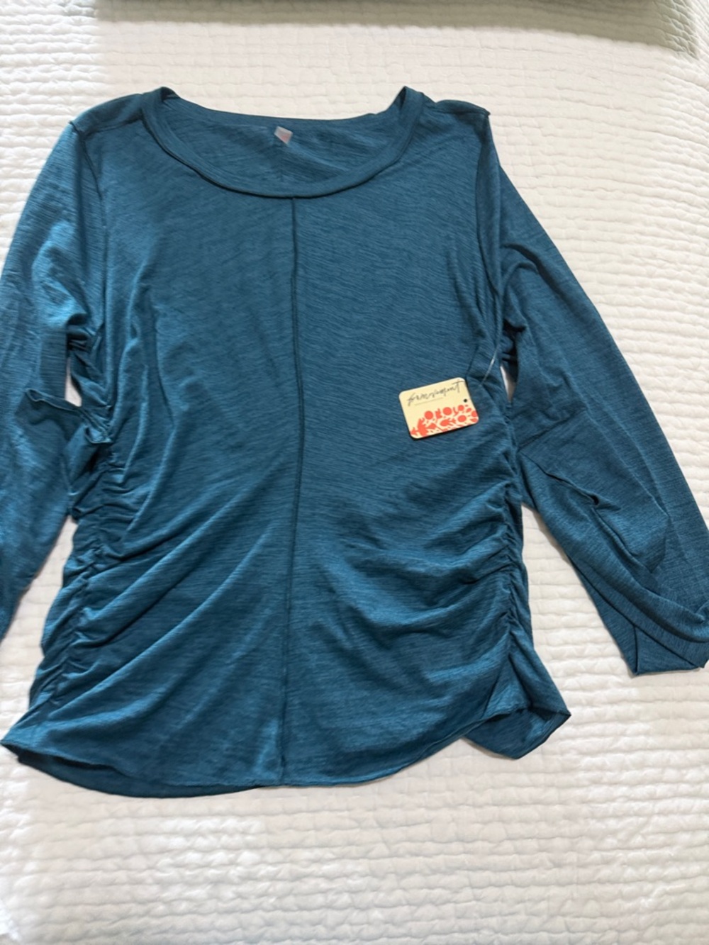 Free People Teal Ruched-Side Long Sleeve Top